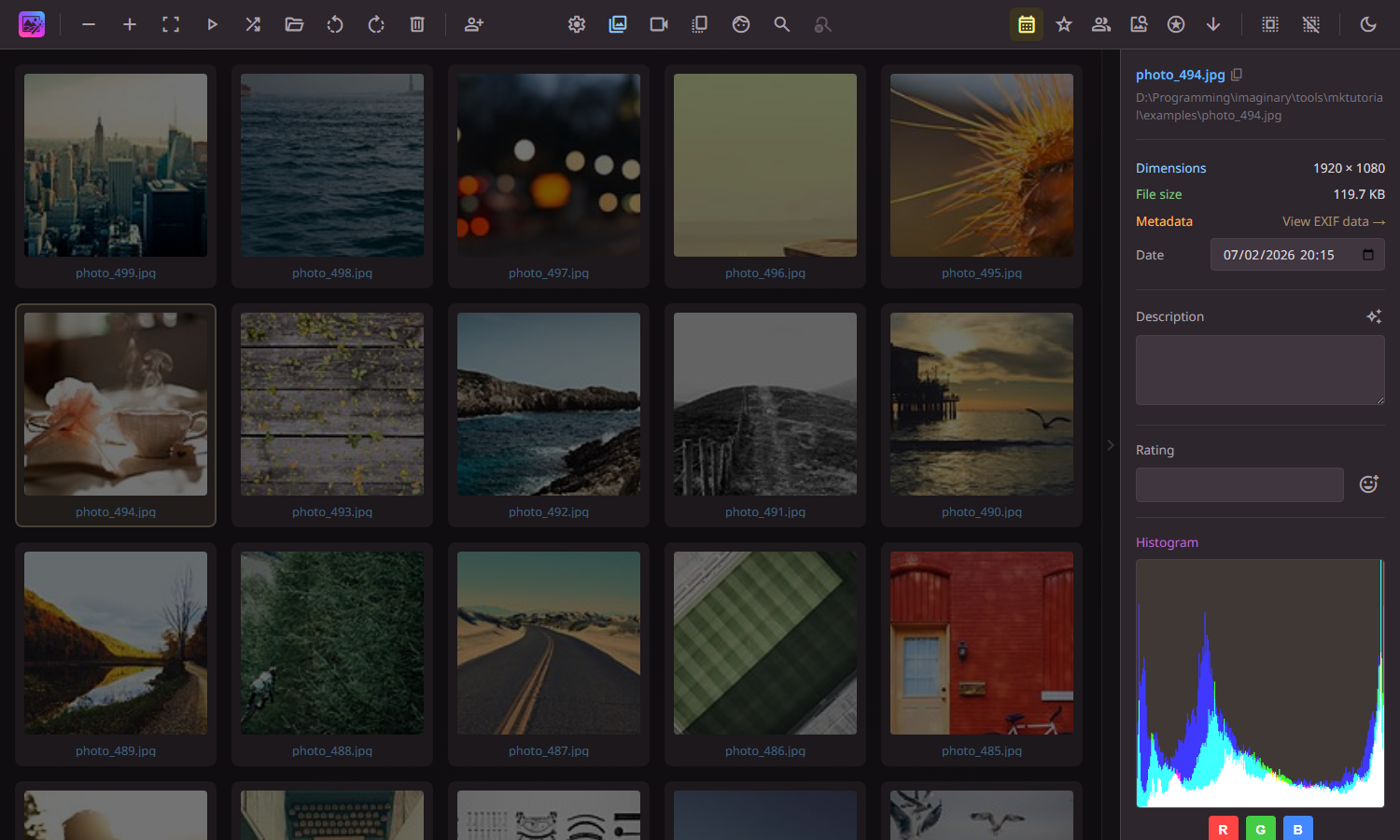 Info panel showing EXIF metadata and image details