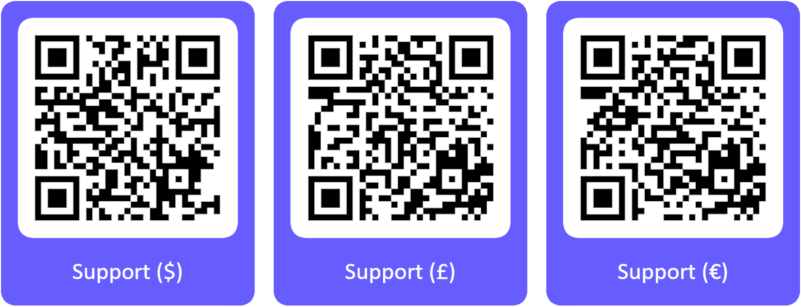 QR codes for USD, GBP, and EUR payment links